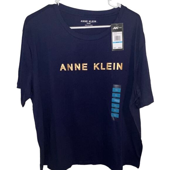 NWT ANNE KLEIN word logo GOLD METALLIC foil Navy Graphic Tee XL - Picture 1 of 5